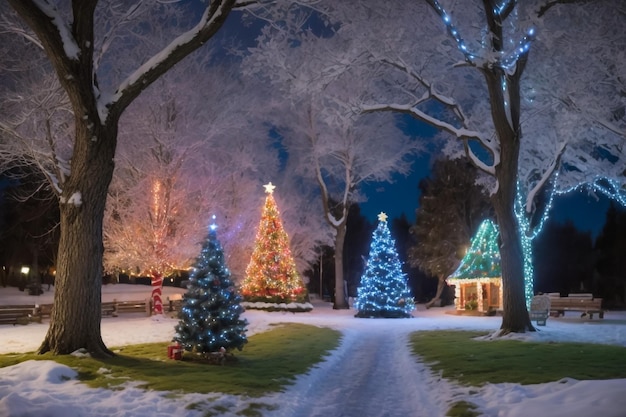 Neve in un parco invernale di notte con il Natale