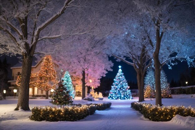 Neve in un parco invernale di notte con il Natale