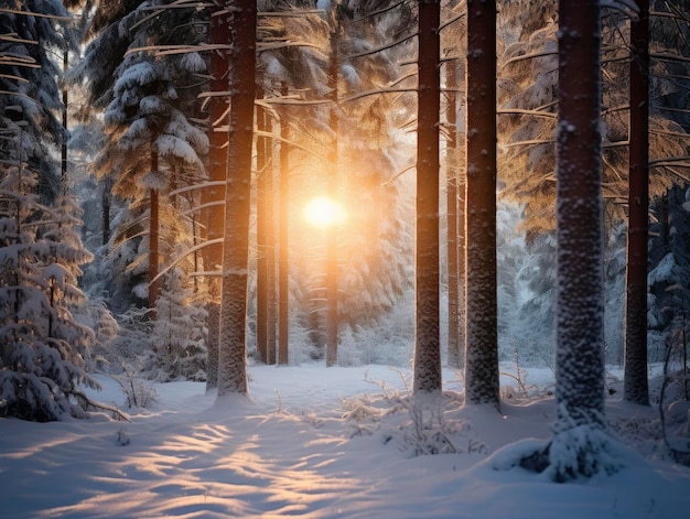 Neve nella foresta invernale di conifere vicino ai raggi del sole mattutino che attraversano gli alberi vicino