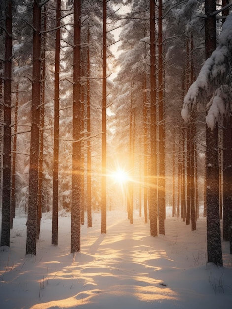 Neve nella foresta invernale di conifere vicino ai raggi del sole serale che attraversano gli alberi