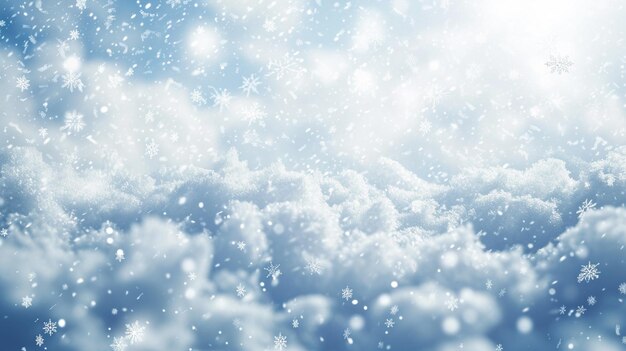 Neve realistica con fiocchi di neve e nuvole sullo sfondo bianco invernale Generative Ai