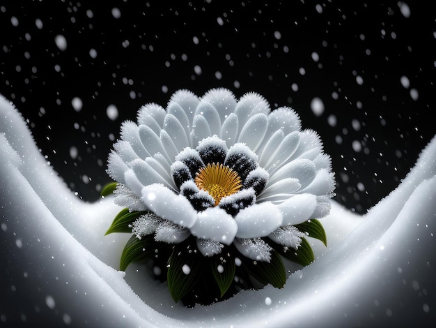 Neve su un fiore con uno sfondo nero