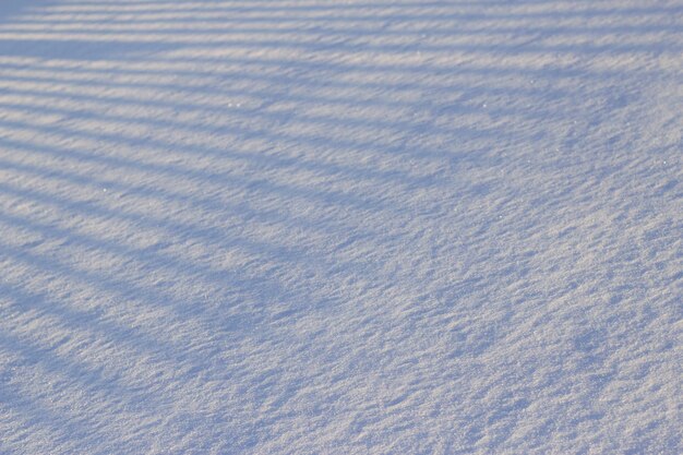 neve sul terreno con ombre di assi di recinzione come sfondo invernale rurale