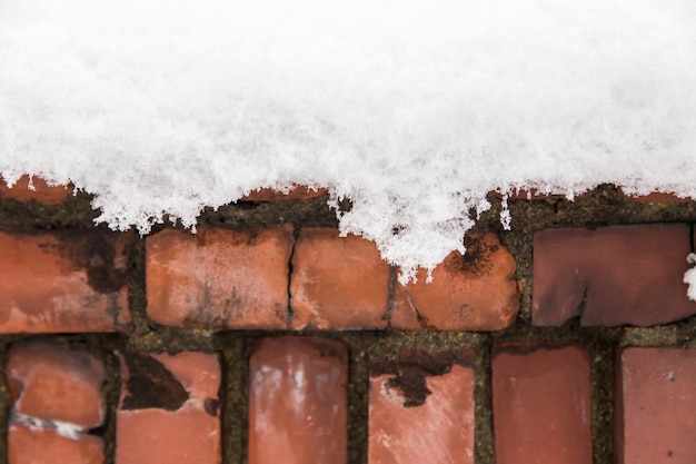 neve sul vecchio muro di mattoni rossi