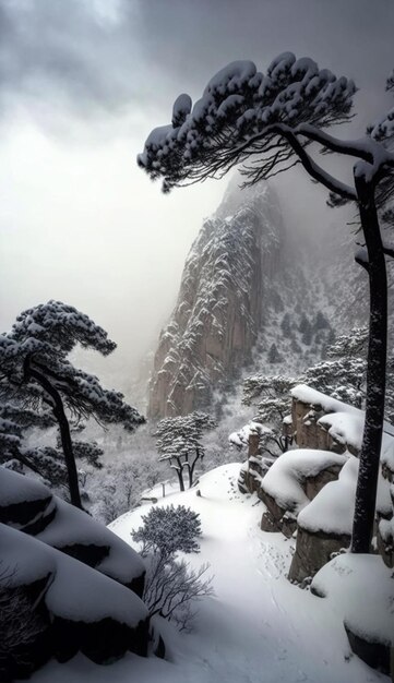 Neve sulla montagna e sugli alberi