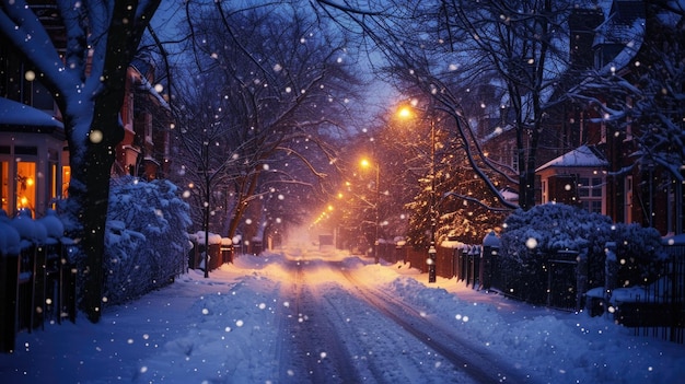 Neve sulla strada a tarda notte di una grande città trafficata