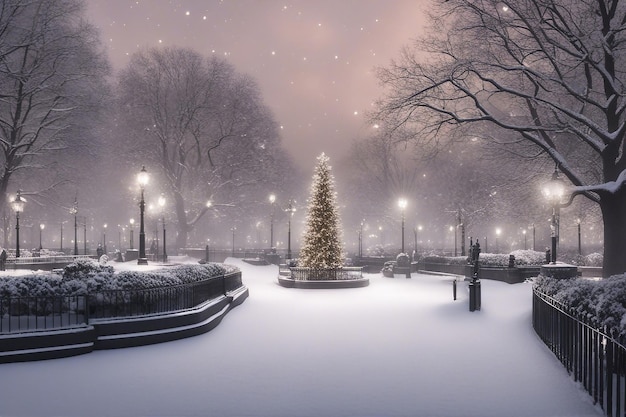 Nevica sui Jubilee Gardens di Londra al crepuscolo, celebrazione del giorno di Natale