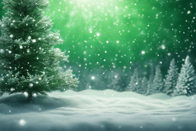 nevicate con luci primaverili bokeh spaziali sullo sfondo verde con albero decorato di Natale verde
