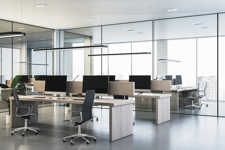 Photo new glass coworking office interior with panoramic windows and city view furniture equipment and computer monitors 3d rendering