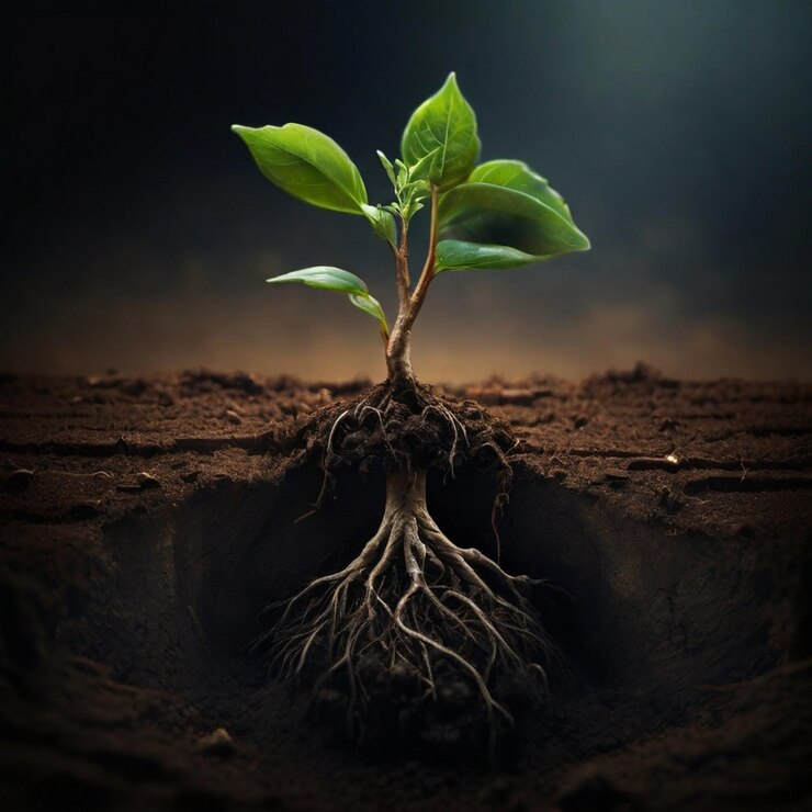 New life with a young plant sprouting from the ground its roots reaching deep into the soil
