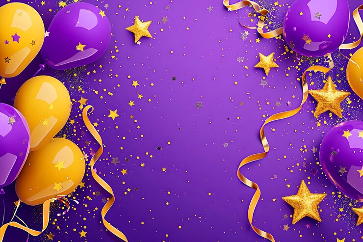 New year A purple background with golden stars balloons and ribbons for celebration or party