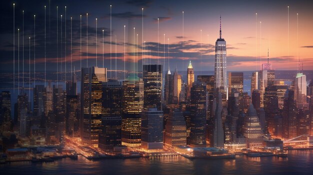 New York City Manhattan skyline panorama con grattacieli al tramonto