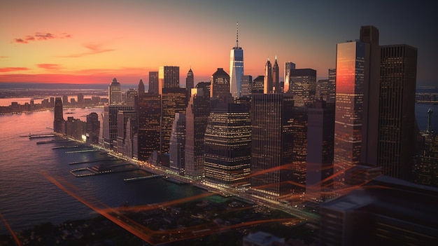 New York City Manhattan skyline panorama con grattacieli al tramonto