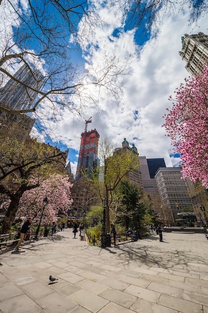New York, Stati Uniti d'America - 24 aprile 2015: City Hall Park con i turisti, Lower Manhattan, New York, New York, Stati Uniti. Grattacieli sullo sfondo.