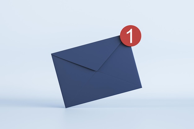 Newsletter o concetto di messaggio con vista frontale su busta di carta e-mail blu scuro con unità bianca in cerchio rosso all'angolo su sfondo chiaro rendering 3D