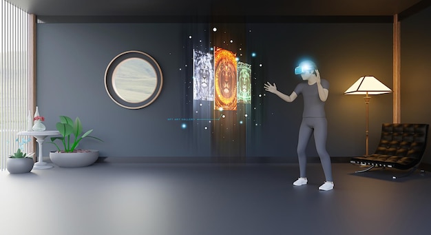 NFT Gallery on Metaverse Uomo che indossa occhiali VR NFT Project Avatar Gambe Realtà virtuale Metaverse