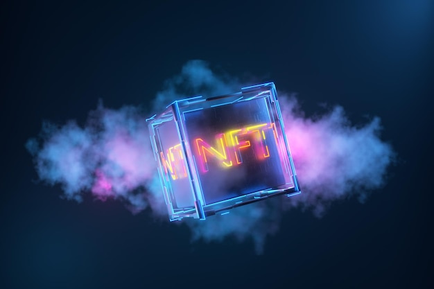 NFT in nuvola di neon token non fungibile concetto di tecnologia NFT iscrizione NFT su un cubo astratto tecnologico rendering 3D