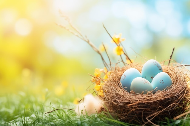 Nido con uova di Pasqua nell'erba in una soleggiata giornata primaverile