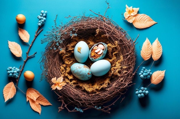 Nido con uovo di pasqua blu come simbolo delle vacanze primaverili