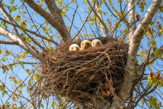 Nido di aquila calva con piccoli in alto su un albero creato con l'IA generativa