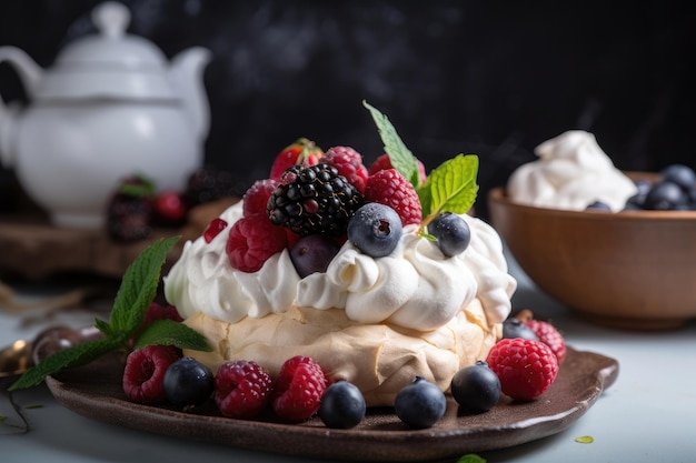 Nido di meringa ripieno di panna montata e frutti di bosco freschi creato con ai generativa