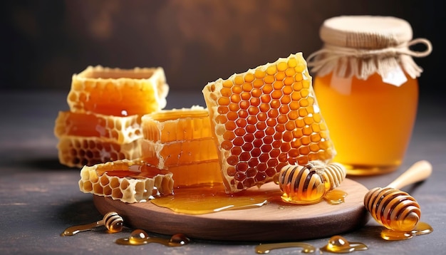 nido di miele giallo rotto con miele sulla tavola Prodotti a base di miele concetto di cibo naturale sano