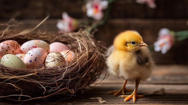 Nido di uccello pulcino e uova di Pasqua dipinte Profondità di campo Concetto di felice giorno di Pasqua