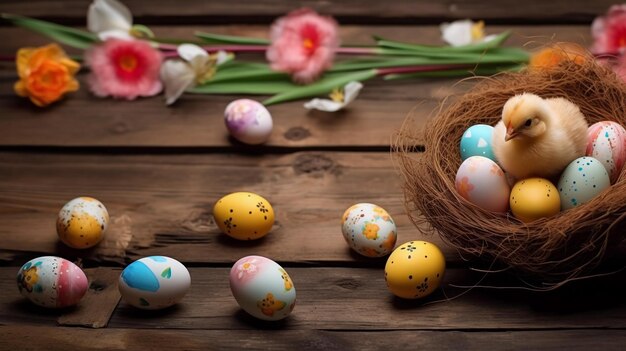 Nido di uccello pulcino e uova di Pasqua dipinte Profondità di campo Concetto di felice giorno di Pasqua