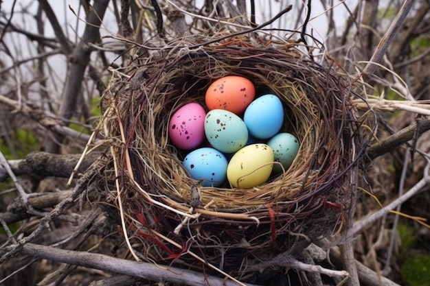 Nido di un uccello raro con uova colorate su un ramo di un albero creato con l'IA generativa