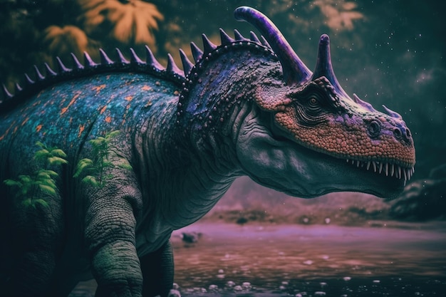 Nigersaurus Dinosauro pericoloso colorato nella lussureggiante natura preistorica di Generative AI