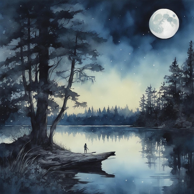 Night Moon Lake Forest Dark Serenade Love Acquerello Trending su Artstation Sharp Focus