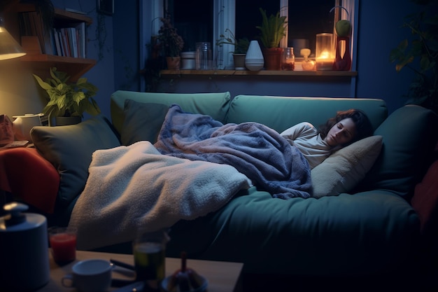 Nighttime Serenity Giovane donna addormentata in un accogliente soggiorno