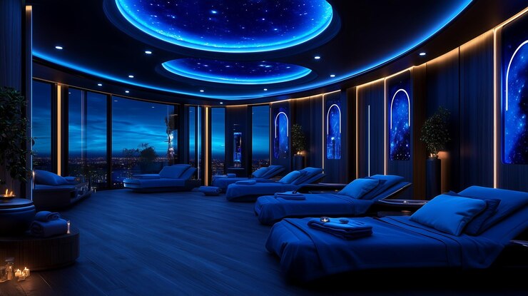 Nighttime spa with starlit ceiling and city views