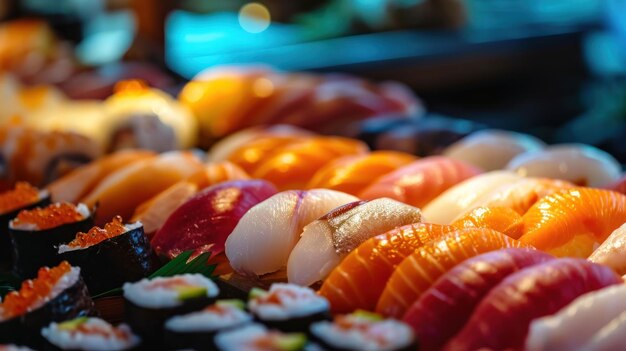 Nigiri Platter contro una bancarella del mercato del pesce vibrante.