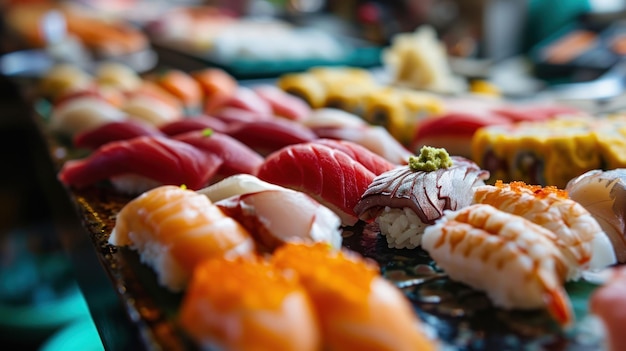 Nigiri Platter contro una vivace bancarella del mercato del pesce