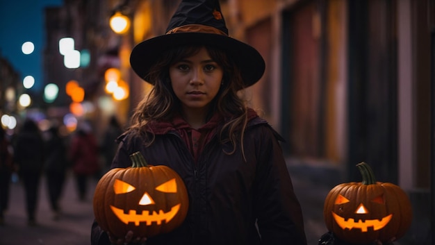 Nina disfrazada de bruja con una calabaza en Halloween