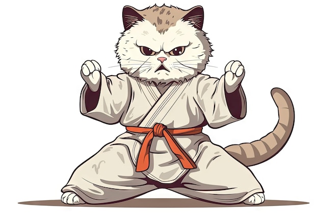 Ninja Cat Cats Battle Wushu Master sta combattendo pericolosi gatti guerrieri orientali in Kimono Generative AI Illustration