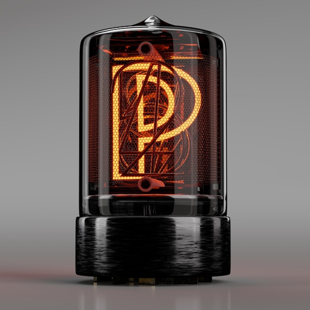 Nixie tubo indicatore primo piano lettera P Stile retrò Alfabeto su grigio neutro. Rendering 3D