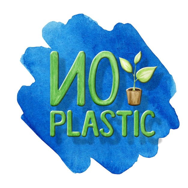 No Plastic free Segno verde Acquerello Design ecologico Riciclato stile di vita zero rifiuti ECO friendly