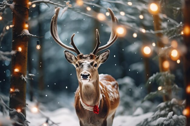 Nobile cervo selvaggio in una foresta invernale con luci sfocate concetto di Natale ai generato