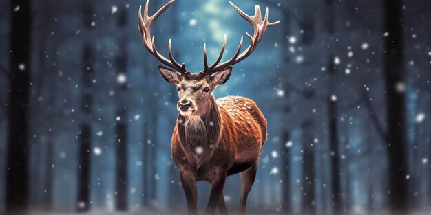 Nobile maschio di cervo nella foresta di neve invernale Artistico paesaggio invernale di Natale
