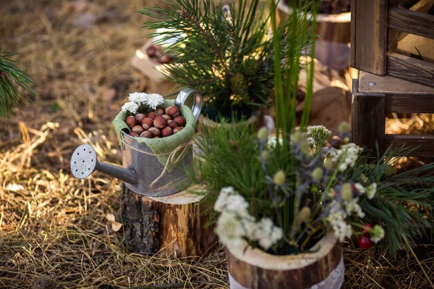 Nocciole in annaffiatoio vicino a decorazioni in legno e fiori di campo. Eco tendenza per matrimonio rustico