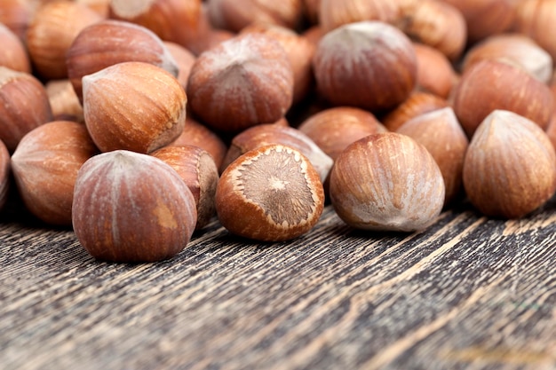 Nocciole intere su un tavolo di legno, in guscio