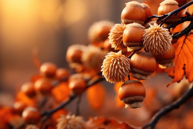 Nocciole su un primo piano del ramo su una priorità bassa di autunno