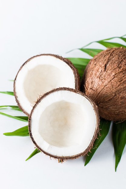 Noce di cocco con foglie verdi su sfondo bianco.