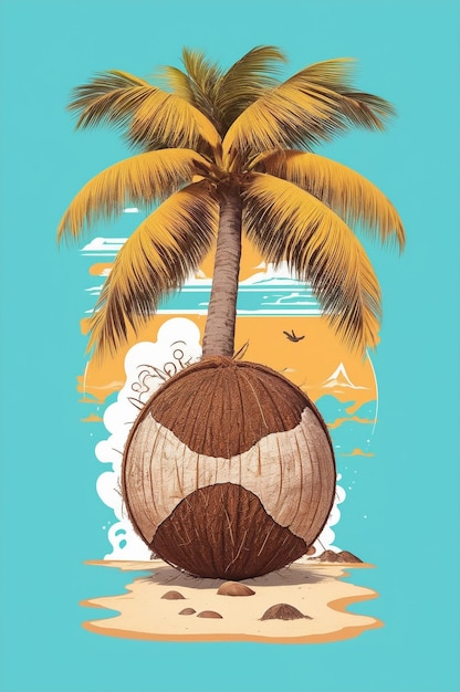 Noce di cocco persa in stile t-shirt sullo sfondo della spiaggia di Generative AI