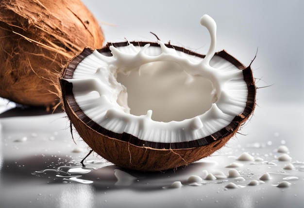 Noce di cocco rotta con spruzzo di latte Spruzzo di latte di cocco su sfondo bianco IA generativa