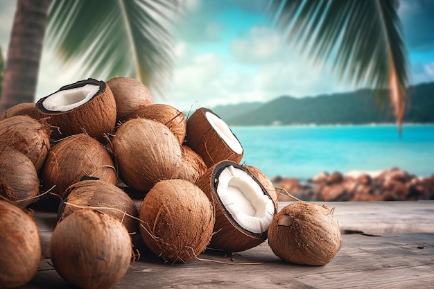 Noce di cocco su tavola di legno con palme e sfondo del mare con intelligenza artificiale generata
