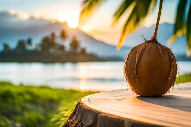 Noce di cocco su un ceppo di albero con un tramonto sullo sfondo