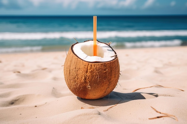 Noce di cocco su una spiaggia con dentro una cannuccia